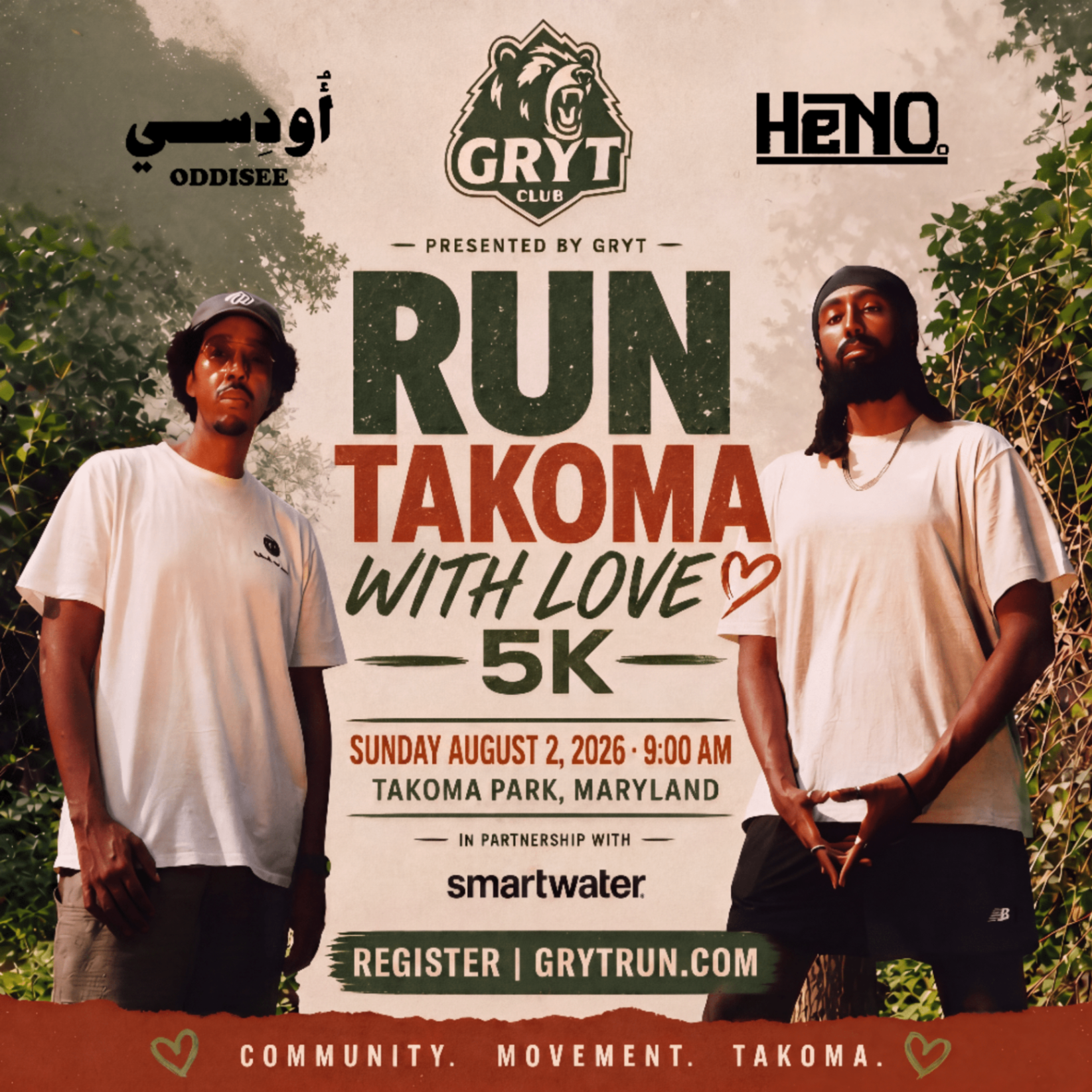 Run Takoma With Love 5K — official flyer. Presented by GRYT Club, in partnership with smartwater. Sunday August 2, 2026 at 9:00 AM in Takoma Park, Maryland.